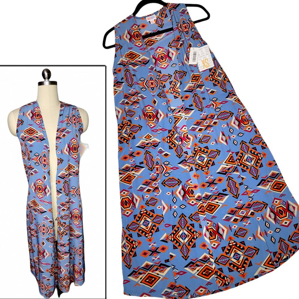 LuLaRoe Joy Vest XS Blue Orange Red Black Aztec Geo Longline Duster Coverup